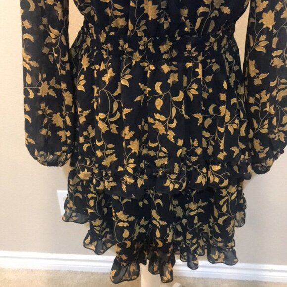 Black & Gold Floral Long Puffed Sleeve Dress Elastic Waist Layered Ruffle Hem-L - Picture 9 of 14